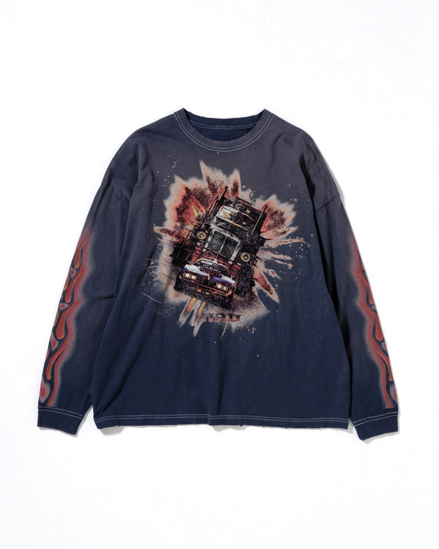 ANACHRONORM フレームスリーブ グラフィック ロングスリーブTシャツ ダスティネイビー | 5.6ozコーマ天竺 アメリカンカルチャーモチーフ 特殊染色 変色加工 一点一点