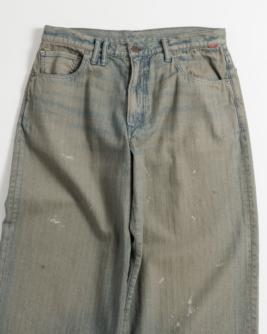 ANACHRONORM ヘリンボーン デニム ワイド 5ポケットパンツ インディゴ×ブラウン | インディゴヘリンボーンデニム ロープ染色 ムラ糸 鉄製金具 経年変化 日本製