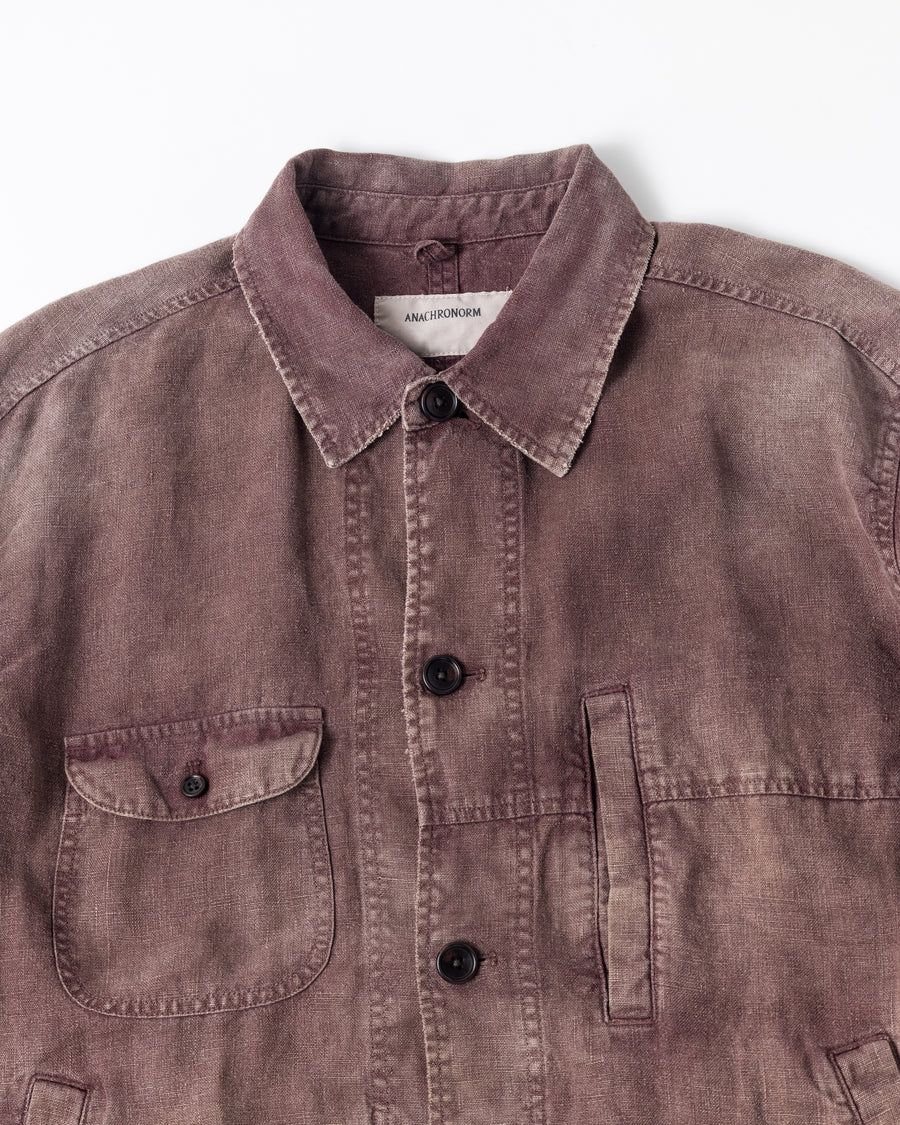 FADED SULFUR DYED LINEN UTILITY JACKET BURGUNDY