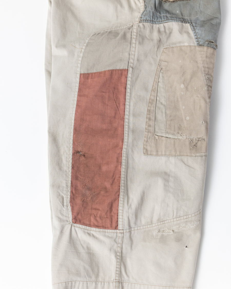 厚手コットンカツラギと綿麻ビエラ生地のパッチワーク詳細 複雑なハンドステッチとリメイク加工のアップ