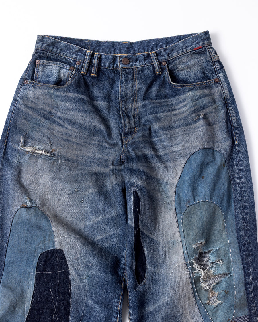 ANACHRONORM リメイク ワイド 5ポケット デニムパンツ インディゴ | 507XX 11.5ozデニム ハードダメージ パッチワーク ワイドシルエット 日本製