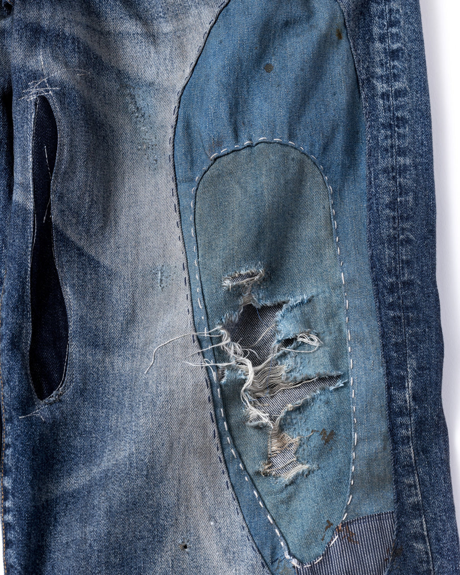 ANACHRONORM リメイク ワイド 5ポケット デニムパンツ インディゴ | 507XX 11.5ozデニム ハードダメージ パッチワーク ワイドシルエット 日本製