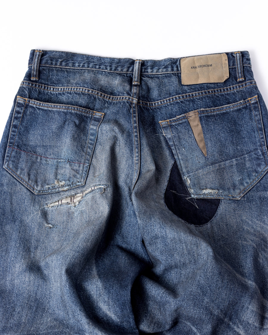 ANACHRONORM リメイク ワイド 5ポケット デニムパンツ インディゴ | 507XX 11.5ozデニム ハードダメージ パッチワーク ワイドシルエット 日本製