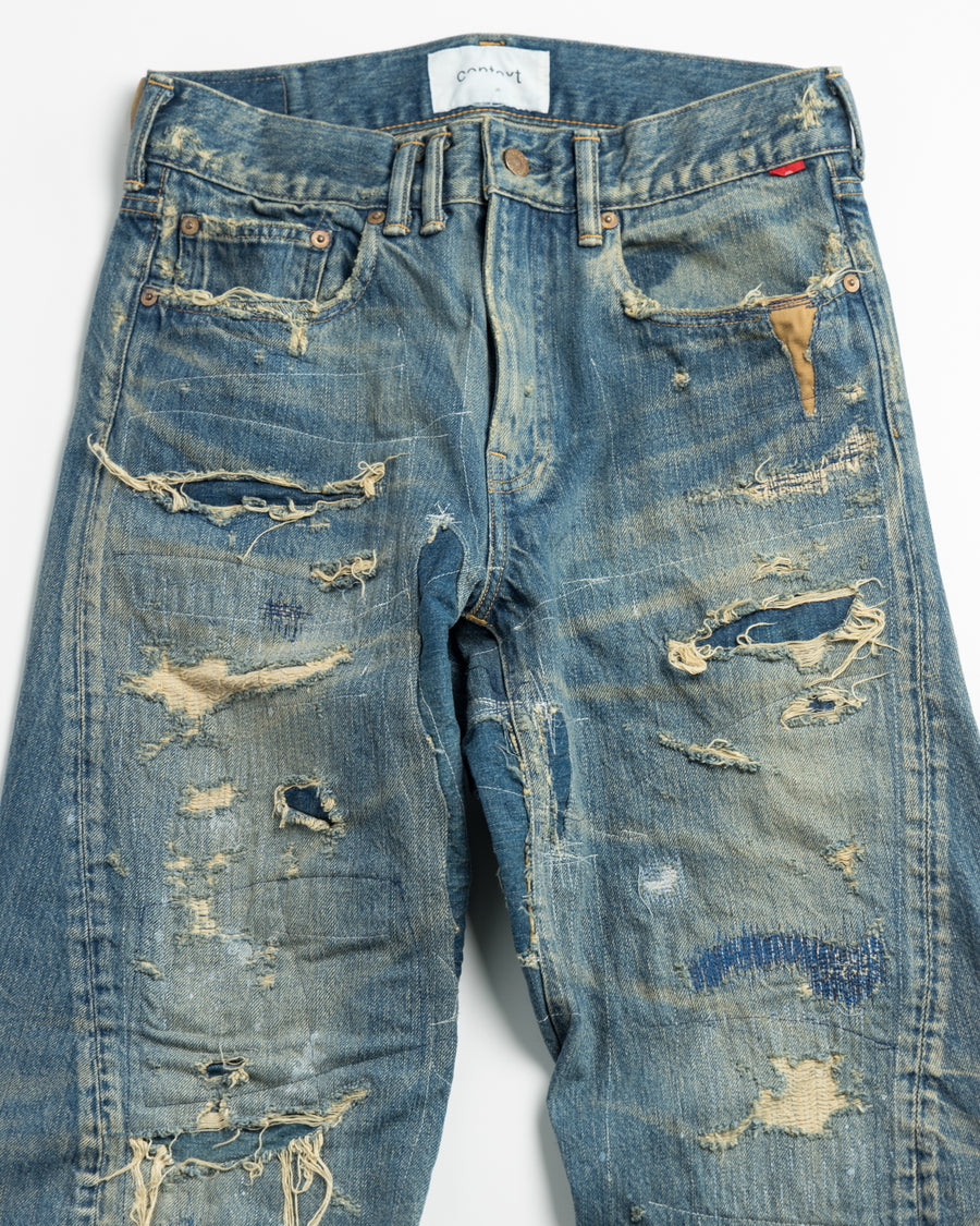 CONTEXT-002-RE DRAPED STRAIGHT 5P DENIM PANTS – TIME RECONSTRUCTED INDIGO(REMAKE)  FRONT UP