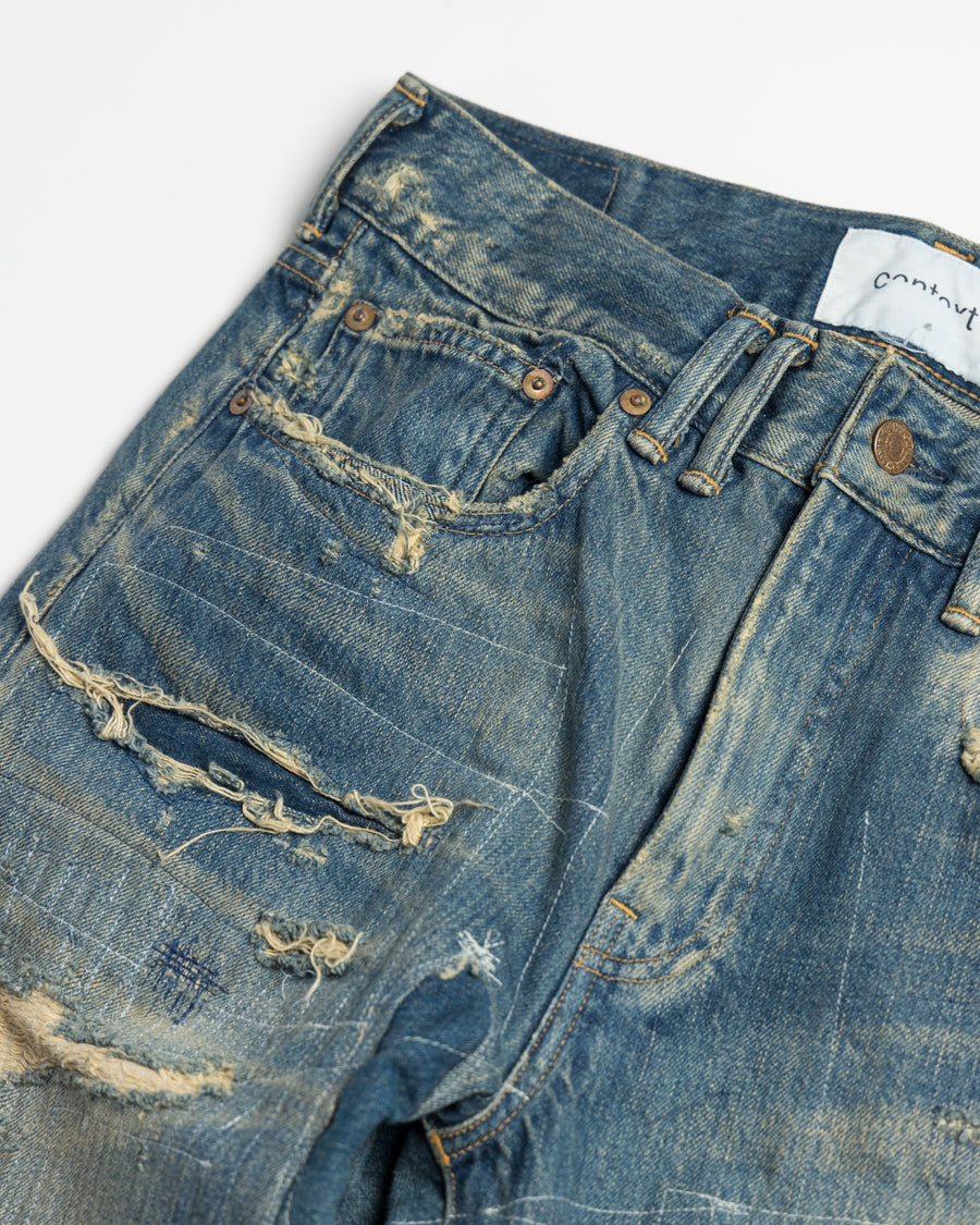 CONTEXT-002-RE DRAPED STRAIGHT 5P DENIM PANTS – TIME RECONSTRUCTED INDIGO(REMAKE)  POCKET UP