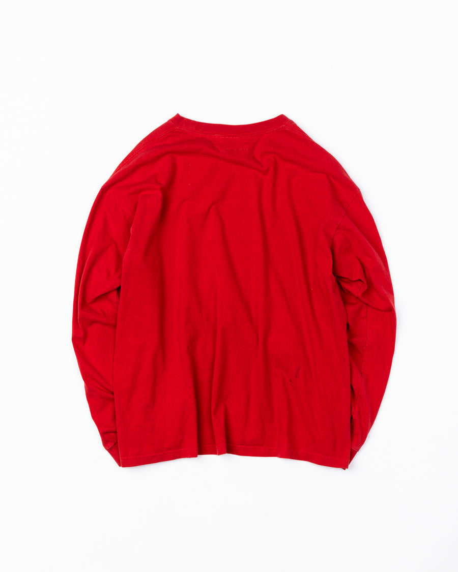 ANACHRONORM スペースニードル ダメージ ロングスリーブTシャツ レッド | ステイフレッシュコットン サステナブルブリーチ ステンシルプリント 左胸刺繍 一点一点