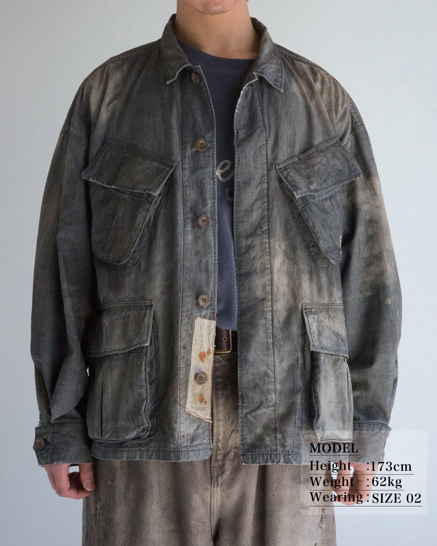 ANACHRONORM シャンブレー リメイク ファティーグジャケット ブラック | ムラ糸シャンブレー 職人手作業 色落ち リメイク 軽量 通年着用 一点一点 日本製