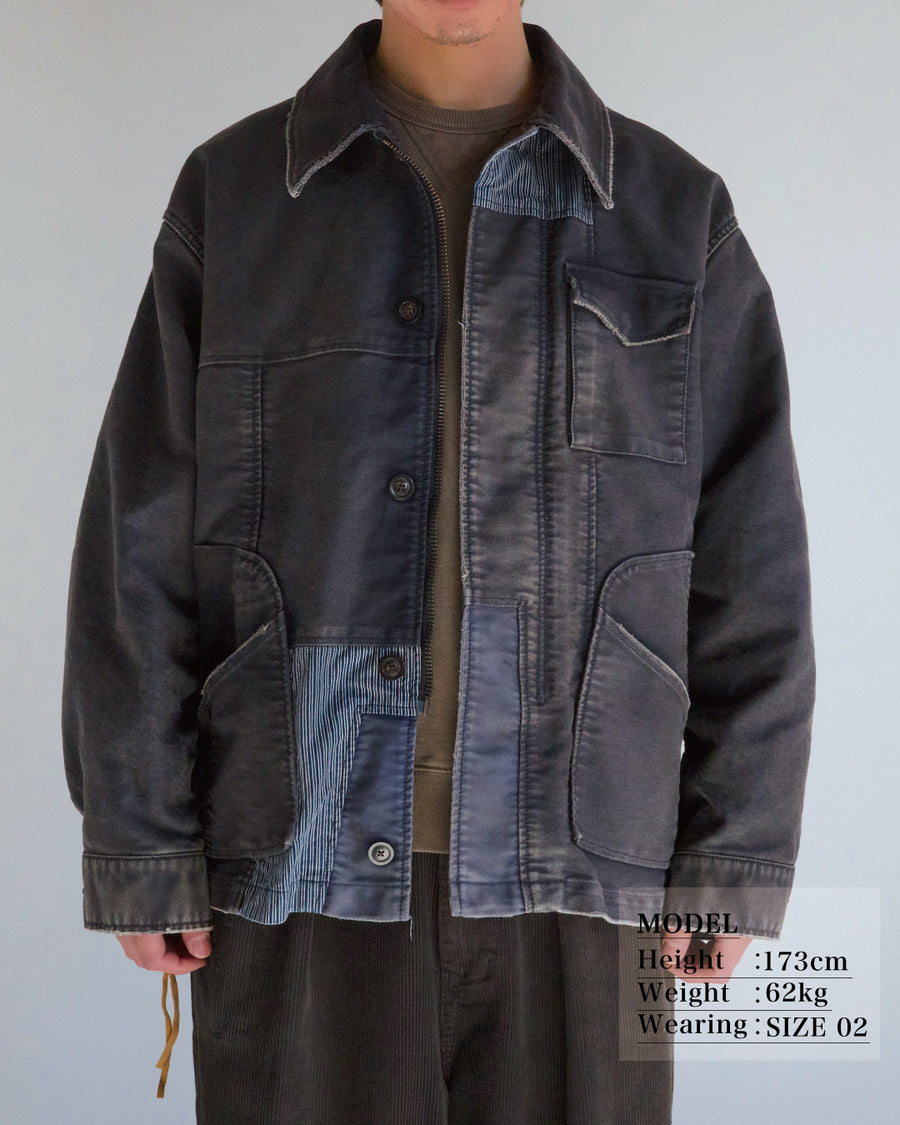 ANACHRONORM フェード モールスキン パッチワーク ジャケット ブラック | ヘビーモールスキン フレンチワーク再解釈 重ね染め 脱色 パッチワーク 一点一点 日本製