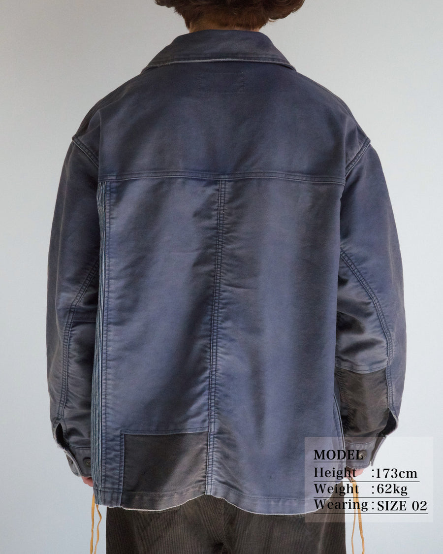 ANACHRONORM フェード モールスキン パッチワーク ジャケット ネイビー | ヘビーモールスキン フレンチワーク再解釈 重ね染め 脱色 パッチワーク 一点一点 日本製