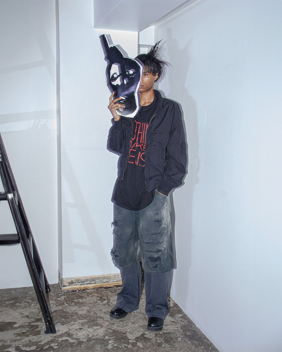 AN355-D DOUBLE KNEE DAMAGED PAINTER SHORT PANTS BLACK