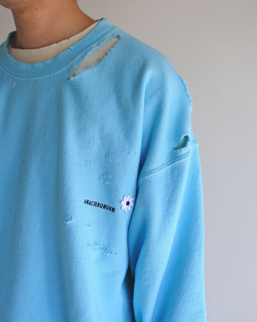 AN20TH-010 AN×NIC HAND PRINT FLOWER DAMAGED SWEAT SKY BLUE