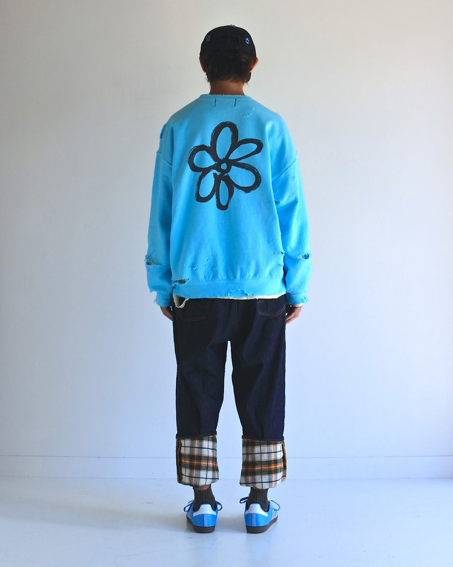 AN20TH-010 AN×NIC HAND PRINT FLOWER DAMAGED SWEAT SKY BLUE