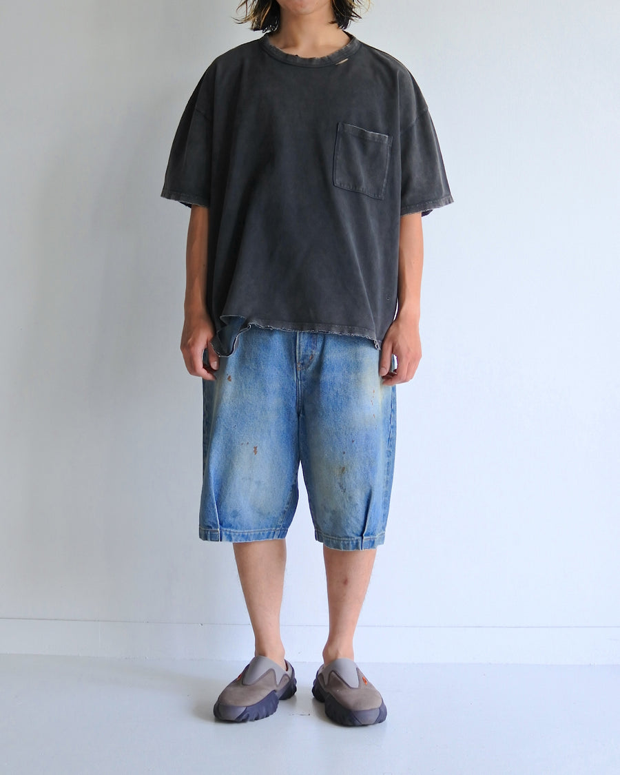 AN353-D MOSS STITCH DAMAGED POCKET S/S T-S BLACK