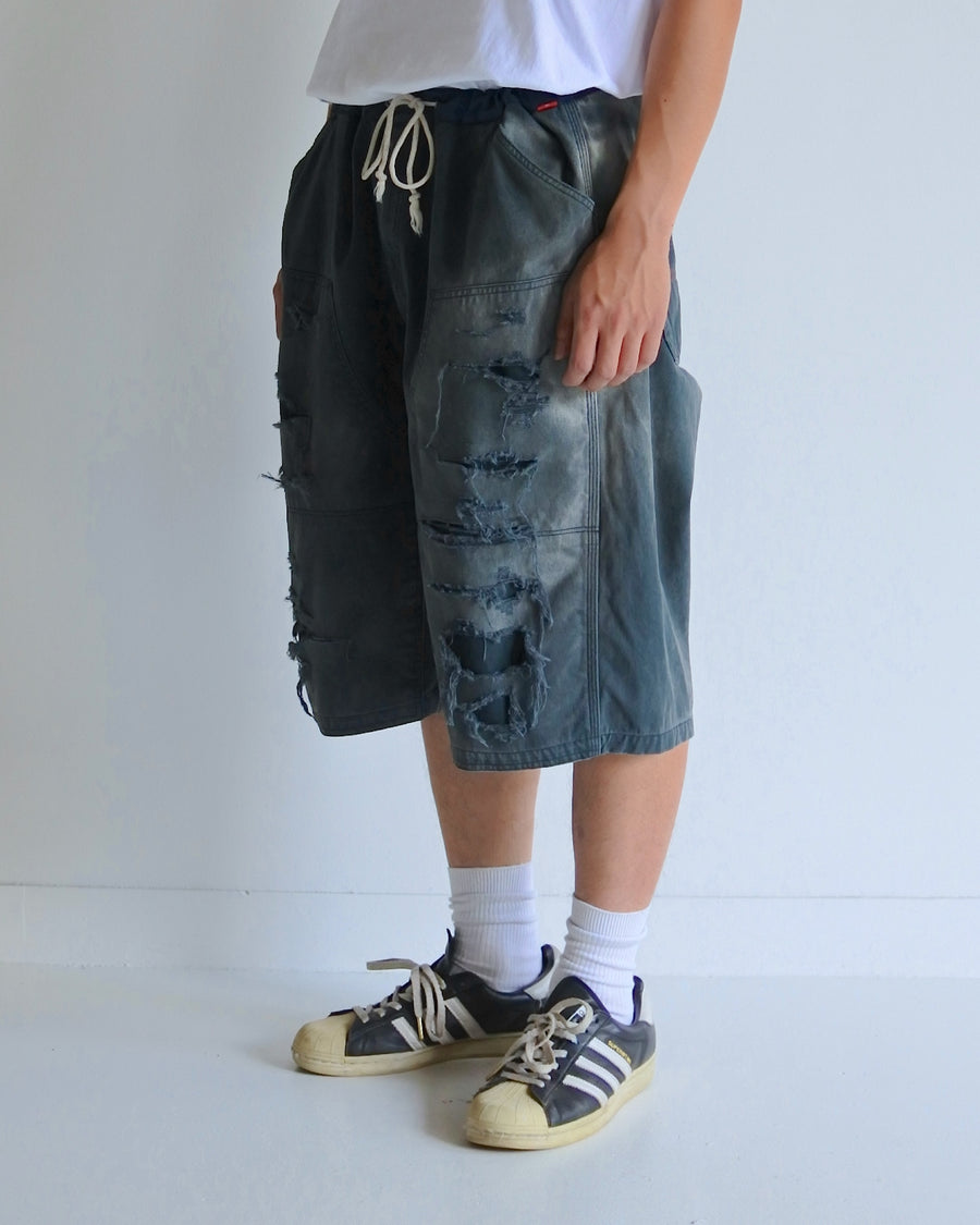 AN355-D DOUBLE KNEE DAMAGED PAINTER SHORT PANTS BLACK