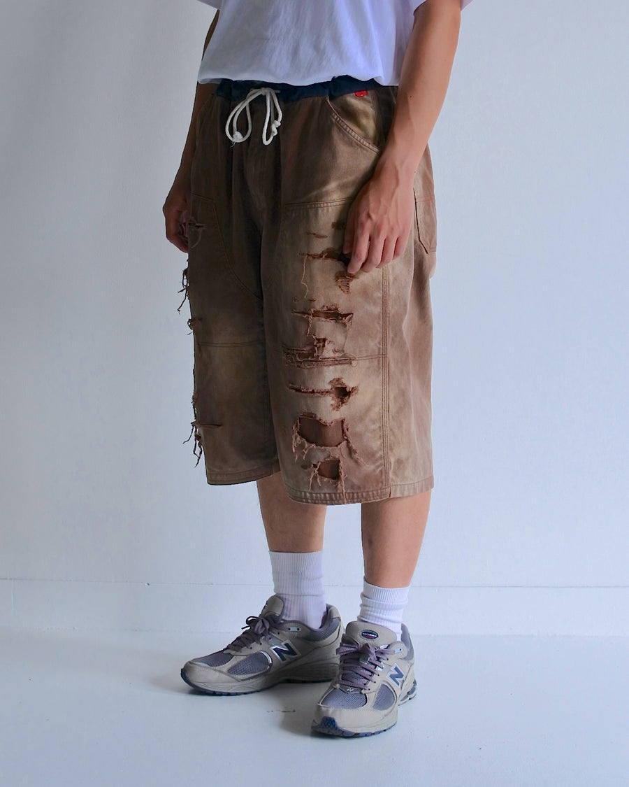 AN355-D DOUBLE KNEE DAMAGED PAINTER SHORT PANTS BROWN
