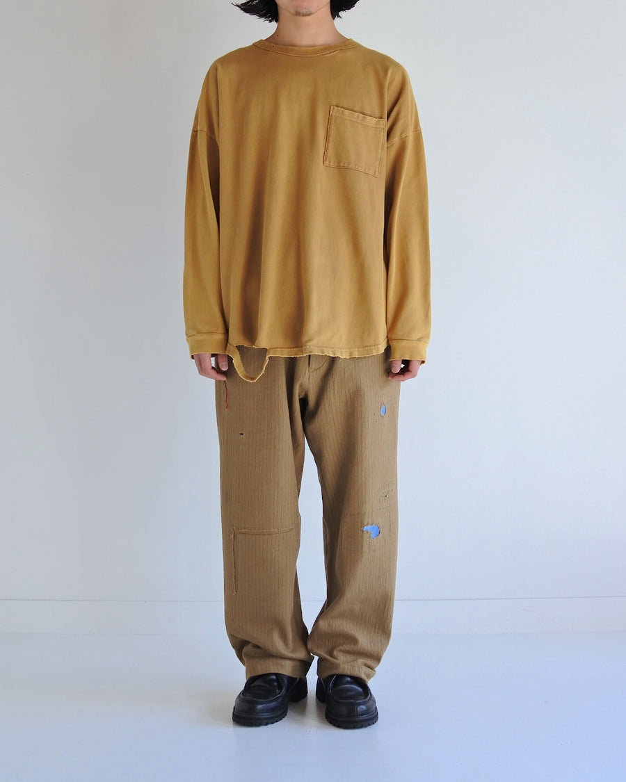 鹿の子生地を使用し硫化染サスティナブルブリーチ加工しダメージを加えたライトブラウン色のロングスリーブTシャツ