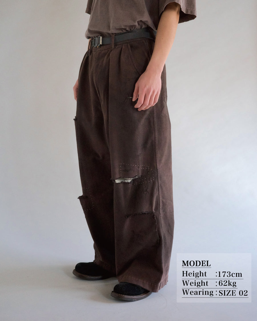 ANACHRONORM カルゼ タック ワイドパンツ ブラウン | コットンカルゼ 職人手作業 フロント裏地付き 一点一点 日本製