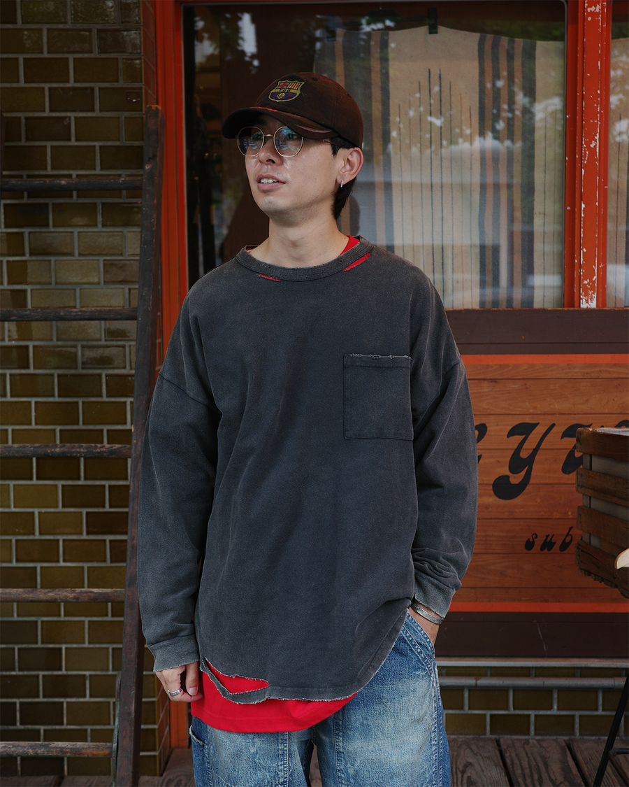 ANACHRONORM モスステッチ ダメージ ポケット ロングスリーブTシャツ ブラック | 40/2カノコ 超長綿 硫化染め サステナブルブリーチ ダメージ加工 一点一点 日本製