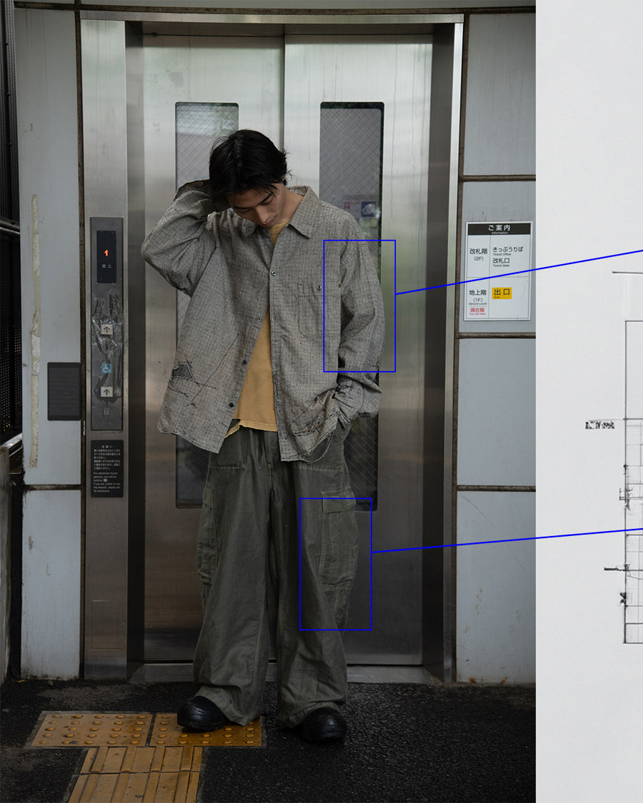 グレーのリネン生地を使用したリメイクワイドシャツ