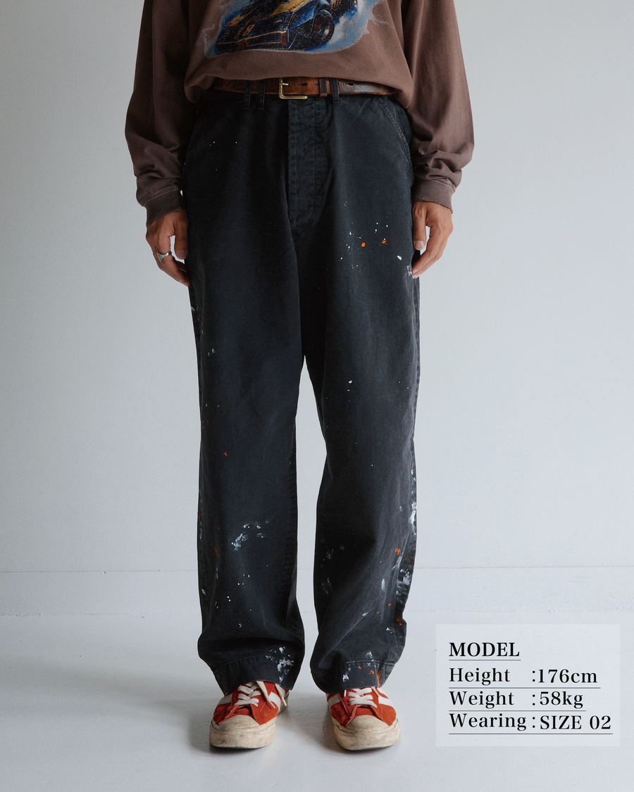 ANACHRONORM × SOULGOODS 第2弾コラボ。U.S. ARMYチノをベースにワイドシルエットへ再構築。硫化染めコットン100%、職人ハンドペイント、自然な退色加工。経年変化を楽しむ日本製ペイントチノトラウザー。
