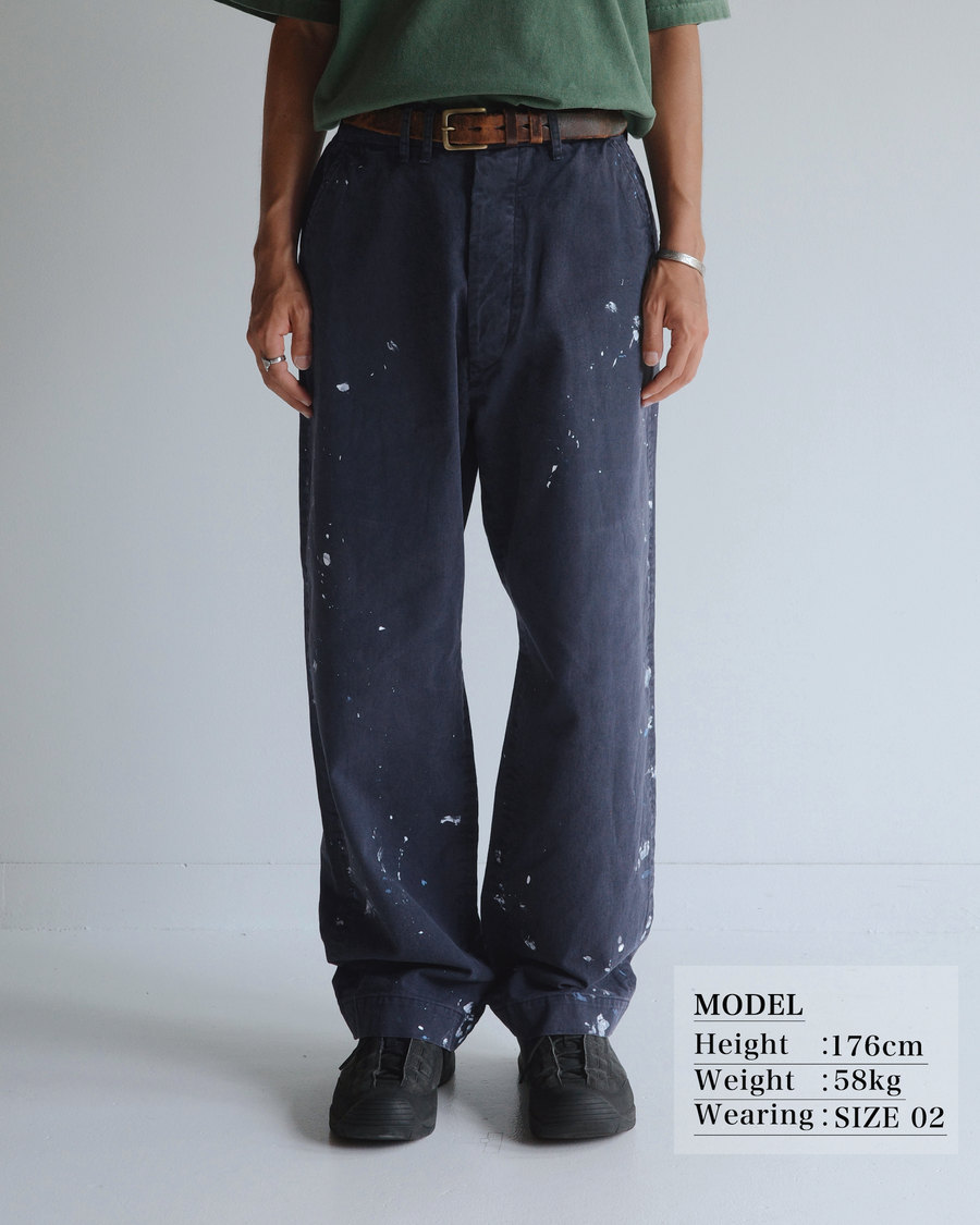 ANACHRONORM × SOULGOODS ペイント チノ トラウザーズ ネイビー | 硫化染めチノ 8.5oz ハンドペイント タイガーヘッドパッチ ワイドシルエット 職人手作業 一点一点 日本製