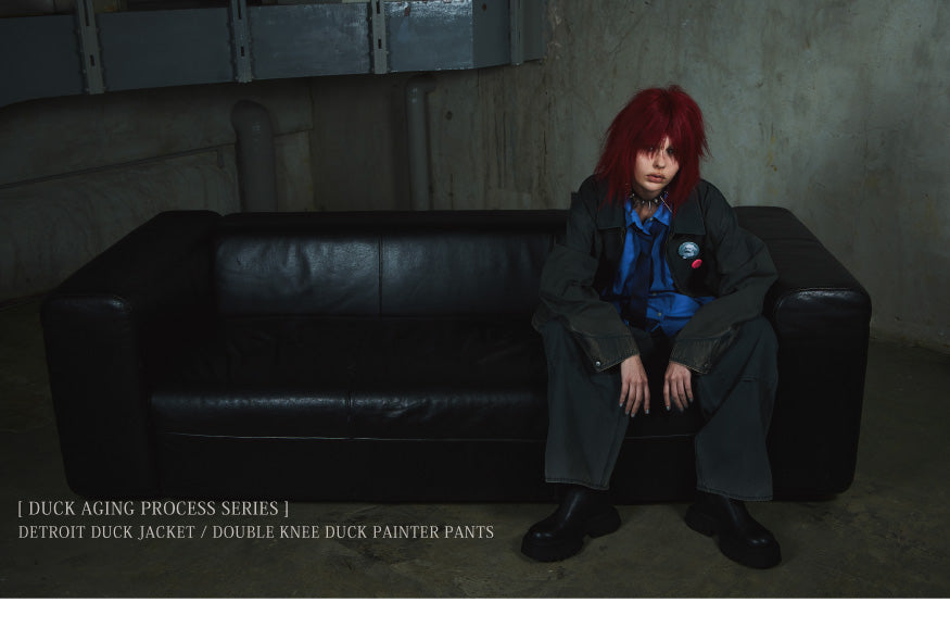 DUCK AGING PROCESS SERIES DUCK生地を使用したデトロイトジャケットとペインターパンツ。