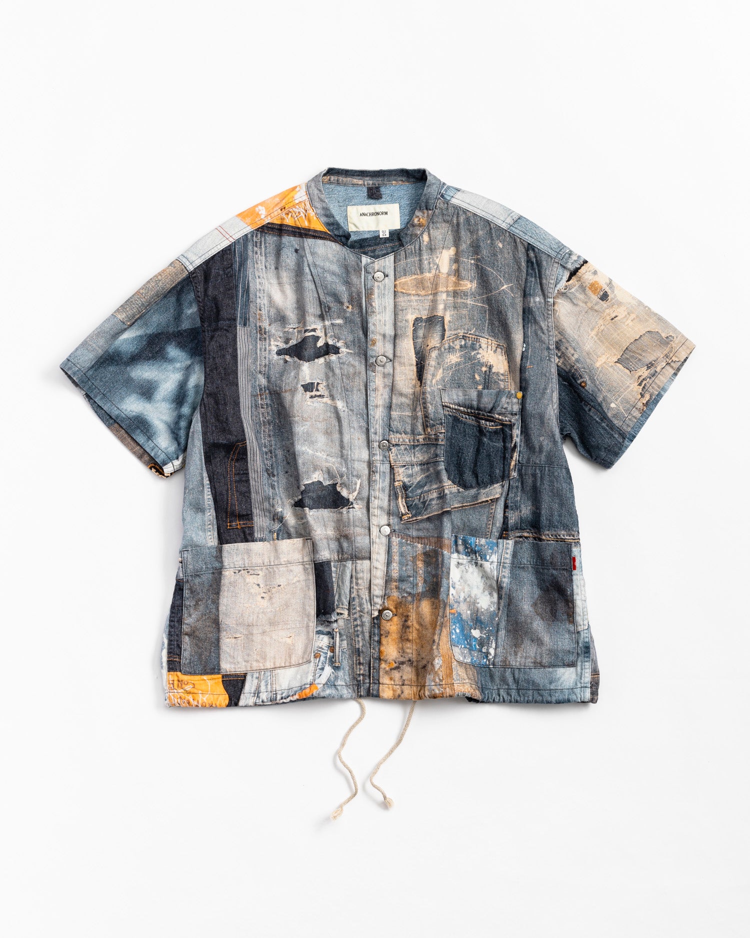 AN224 ARCHIVE DENIM COLLAGE STAND COLLAR S/S COVERALL SHIRTS INDIGO